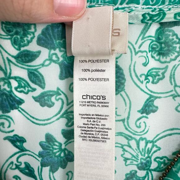 Chico's Sz 0 Congo Floral Tunic Green Print Sheer Embellished V-neck Blouse - Picture 11 of 13